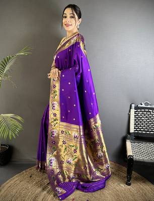 Women purple floral & meena weaving lichi silk blend saree 2