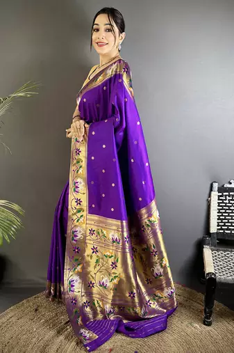 Women purple floral & meena weaving lichi silk saree