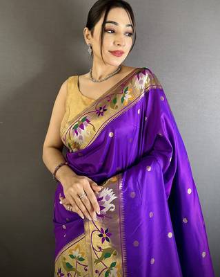 Women purple floral & meena weaving lichi silk blend saree 4