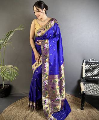Women royal blue floral & meena weaving lichi silk blend saree 1