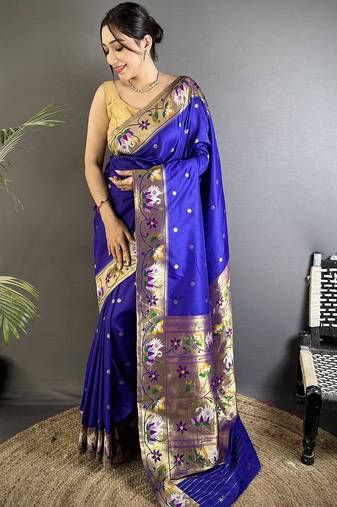 Women royal blue floral & meena weaving lichi silk saree