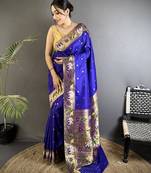 Women royal blue floral & meena weaving lichi silk saree