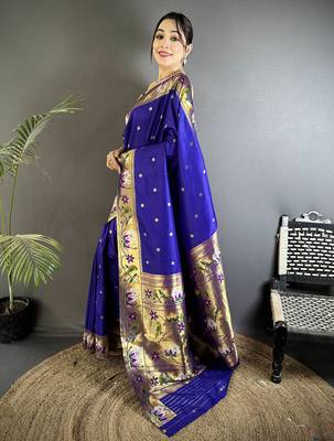 Women royal blue floral & meena weaving lichi silk blend saree 2