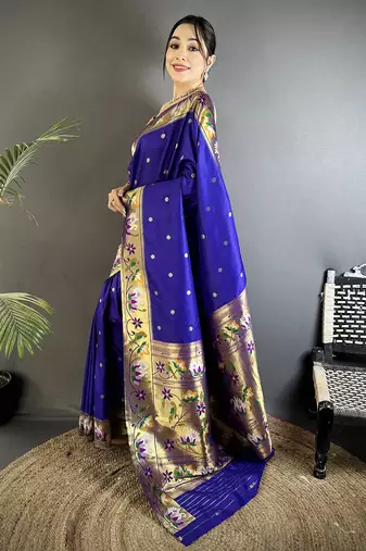 Women royal blue floral & meena weaving lichi silk saree