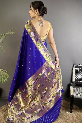 Women royal blue floral & meena weaving lichi silk saree