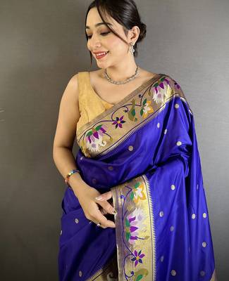 Women royal blue floral & meena weaving lichi silk blend saree 4