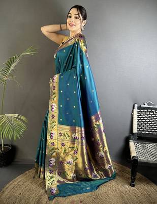 Women teal floral & meena weaving lichi silk saree 2