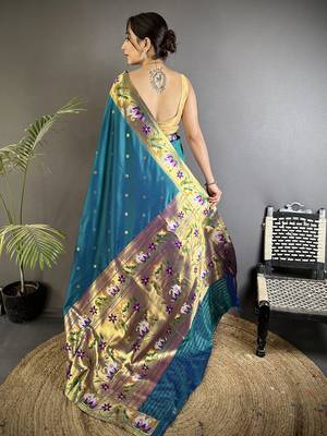 Women teal floral & meena weaving lichi silk saree 3