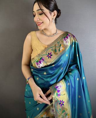 Women teal floral & meena weaving lichi silk saree 4