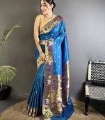 Women teal blue floral & meena weaving lichi silk saree