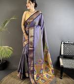 Women lavender peacock ethnic motifs lichi silk saree