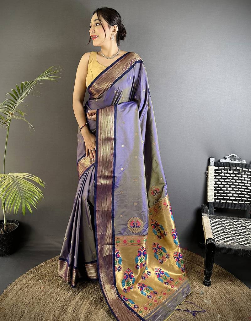 Women lavender peacock ethnic motifs lichi silk saree