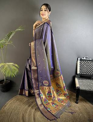 Women lavender peacock ethnic motifs lichi silk blend saree 2