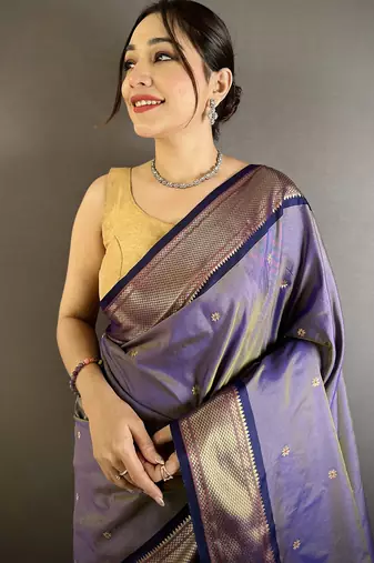 Women lavender peacock ethnic motifs lichi silk saree