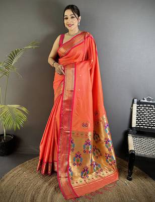 Women orange peacock ethnic motifs lichi silk saree 1