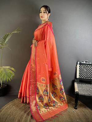 Women orange peacock ethnic motifs lichi silk saree 2