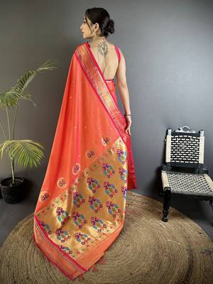 Women orange peacock ethnic motifs lichi silk saree 3