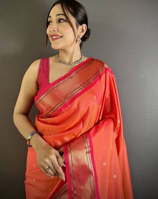 Women orange peacock ethnic motifs lichi silk saree 4