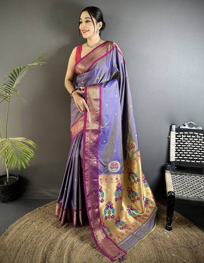 Women purple peacock ethnic motifs lichi silk saree
