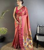 Women peach peacock ethnic motifs lichi silk saree