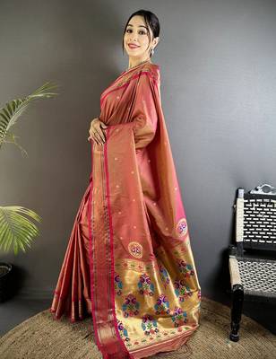 Women peach peacock ethnic motifs lichi silk blend saree 2