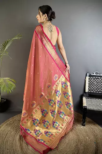 Women peach peacock ethnic motifs lichi silk saree