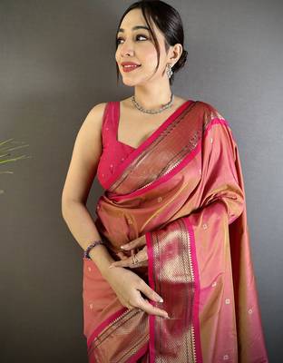 Women peach peacock ethnic motifs lichi silk blend saree 4