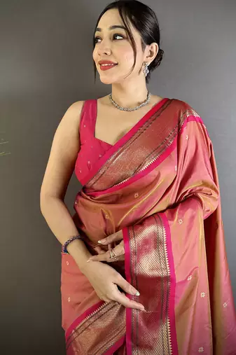 Women peach peacock ethnic motifs lichi silk saree