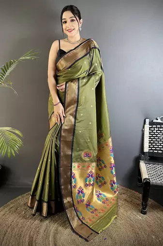 Women mehandi green peacock ethnic motifs lichi silk saree