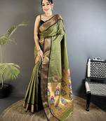 Women mehandi green peacock ethnic motifs lichi silk saree