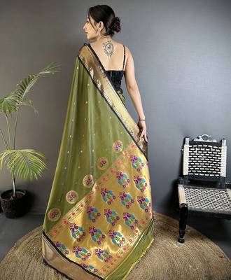 Women mehandi green peacock ethnic motifs lichi silk blend saree 3