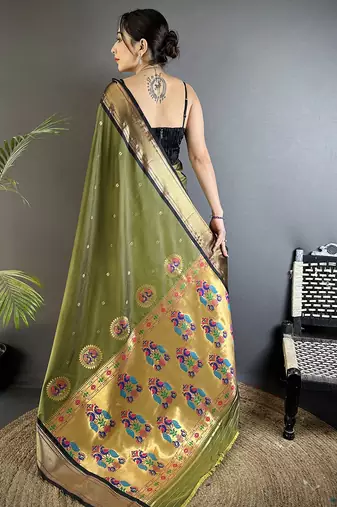 Women mehandi green peacock ethnic motifs lichi silk saree