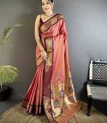 Women onion pink peacock ethnic motifs lichi silk saree