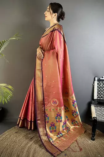 Women onion pink peacock ethnic motifs lichi silk saree