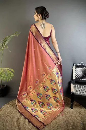 Women onion pink peacock ethnic motifs lichi silk saree