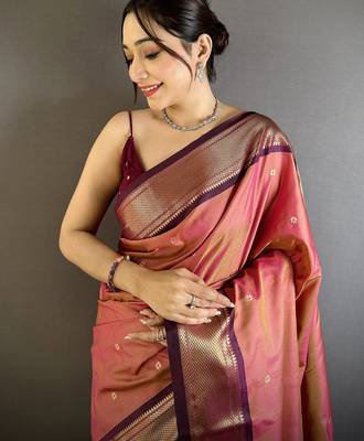 Women onion pink peacock ethnic motifs lichi silk blend saree 4