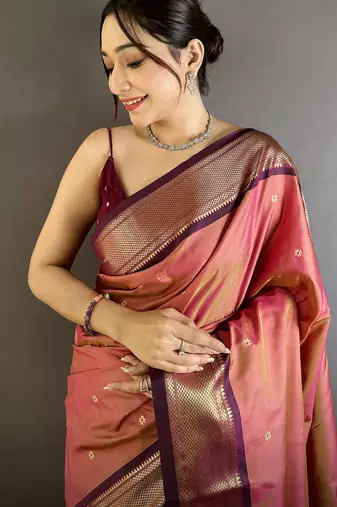 Women onion pink peacock ethnic motifs lichi silk saree