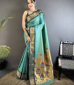 Women sea green peacock ethnic motifs lichi silk saree