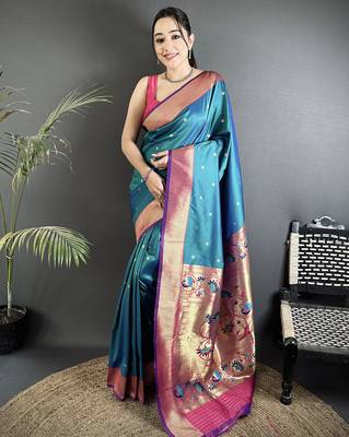 Women teal blue peacock motifs lichi silk blend saree 1