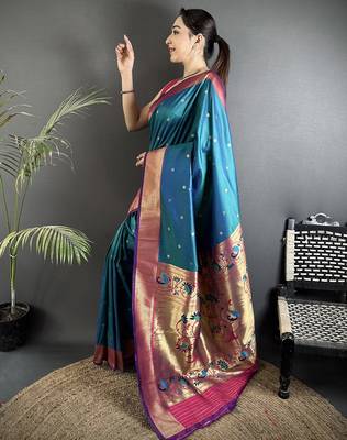 Women teal blue peacock motifs lichi silk blend saree 2