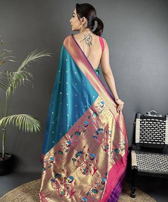 Women teal blue peacock motifs lichi silk blend saree 3