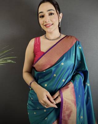 Women teal blue peacock motifs lichi silk blend saree 4
