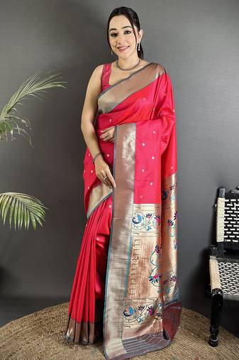 Women rani pink peacock motifs lichi silk saree