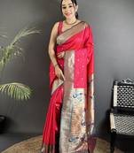 Women rani pink peacock motifs lichi silk saree