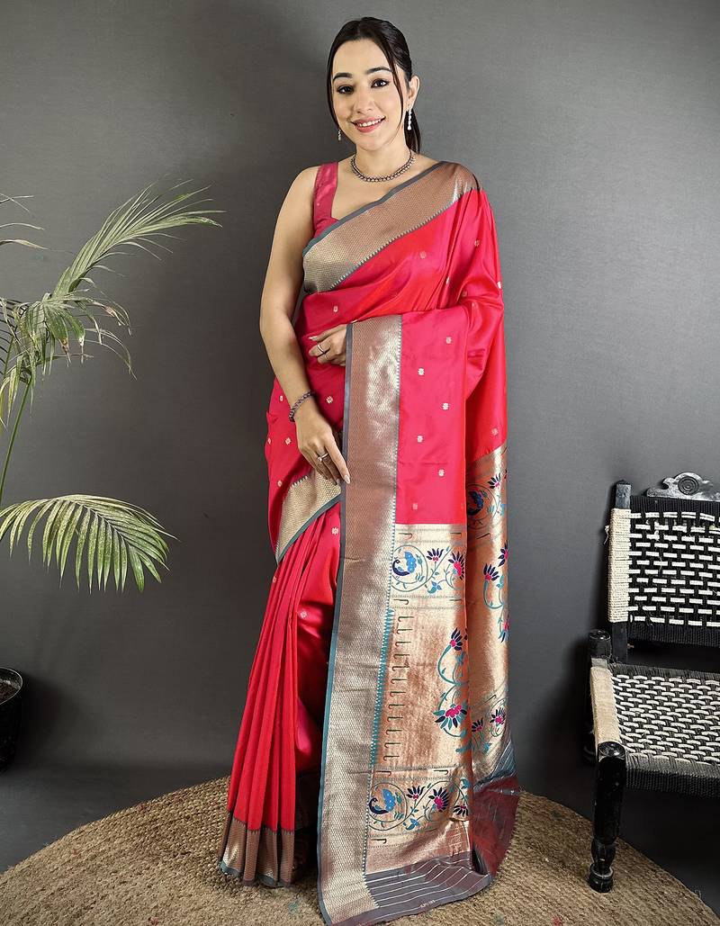 Women rani pink peacock motifs lichi silk saree