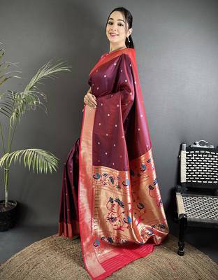 Women wine peacock motifs lichi silk blend saree 2