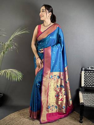 Women rama blue peacock motifs lichi silk blend saree 1
