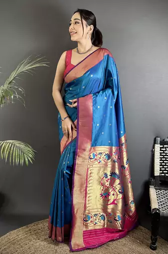 Women rama blue peacock motifs lichi silk saree