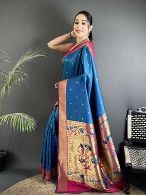 Women rama blue peacock motifs lichi silk blend saree 2
