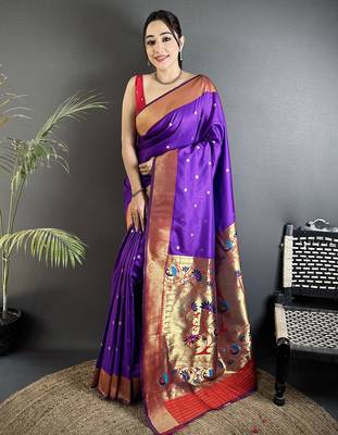 Women purple peacock motifs lichi silk blend saree 1